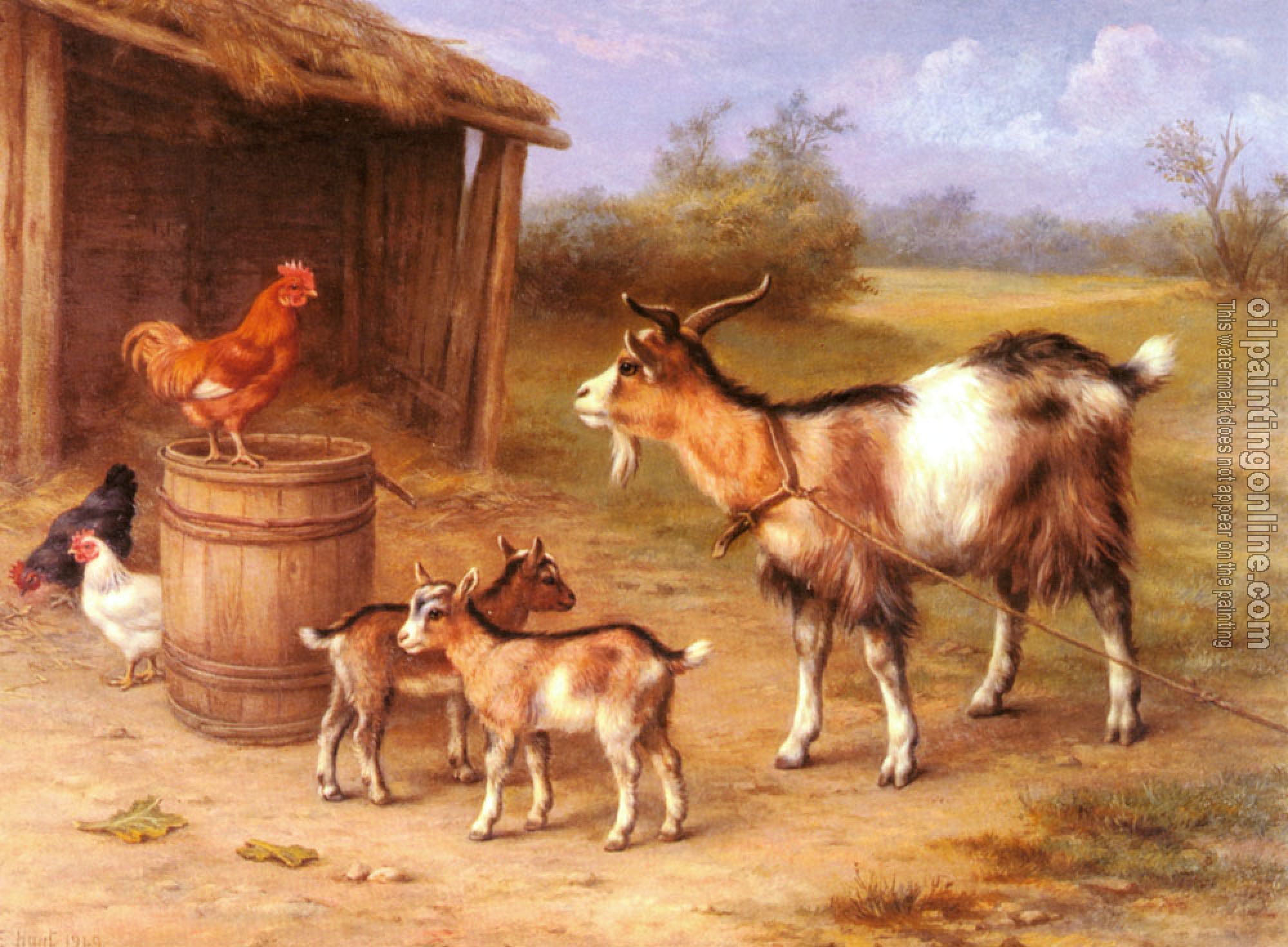 Edgar Hunt - A farmyard Scene With Goats And Chickens